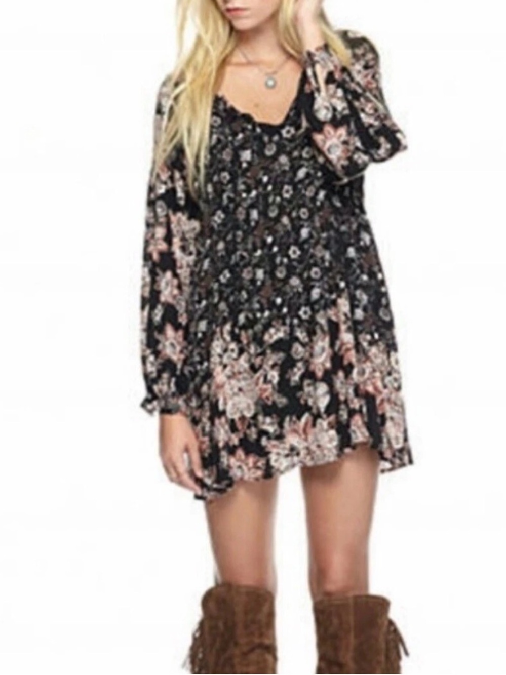 Free People Lucky Loosey Onyx Combo Swing Dress Tunic Long Sleeve Womens Size XS